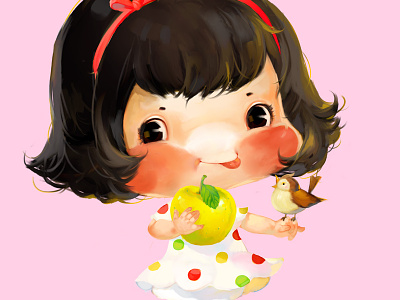 Brown Girl apple bird girl illustration label little xnhan00 yellow