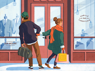 Christmas gift christmas clothes cold costume couple editorial gift hands illustration love man shop shopping store texture window display winter winter coat woman wooly hat