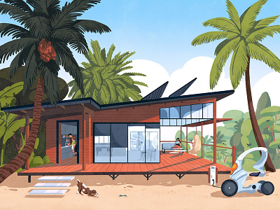 Future beach house character connected connected home devices dog editorial electric car house household modern sand second home technology