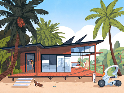 Future beach house character connected connected home devices dog editorial electric car house household modern sand second home technology