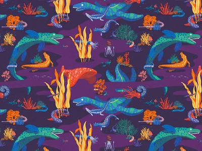 Pattern dinosaur abyss anemone colors design dino dinosaur fish illustration lining pattern plants sea sea animals squid tapestry upholstery