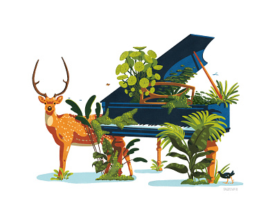 Piano bird brush deer digital ecology forest green hen hind illustration insect music photoshop piano plants spring sun texture tropical wild
