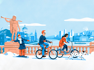 Bike city friends bridges brush character characterdesign city design dog editorial friends graphic illustration people roughs snow snowboard statue street town winter