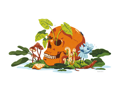 Skull art design digital ecology green human illustration lizard mushroom orange plants shell skull texture texturing tropical whitebackground