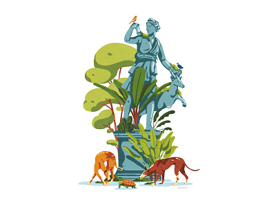 The Artemis Statue artemis cactus colors design digital art dog dogs ecology floating illustration nantes nature statue tree tropical turtle white background