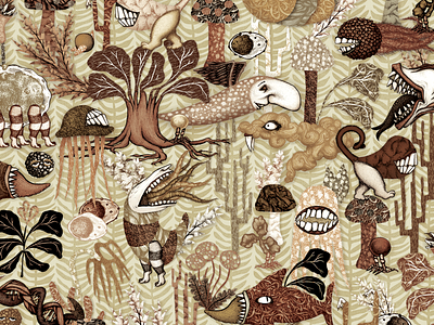 Cellscape cell collage creature digital collage illustration kids monster pattern pattern design pen and ink stipple surreal teeth textile wallpaper