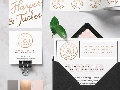 Harper & Tucker Launch branding business cards clothing collateral fashion gold foil identity logo postcard rose gold seal
