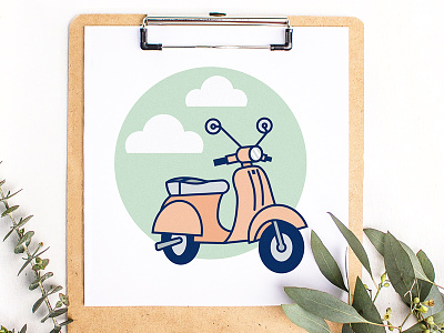 Day 2/100 - Vespa - Illustration a Day challenge clouds cute illustration motorcycle scooter vespa whimsical