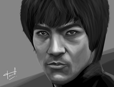 Bruce Lee digital painting grayscale portrait illustration