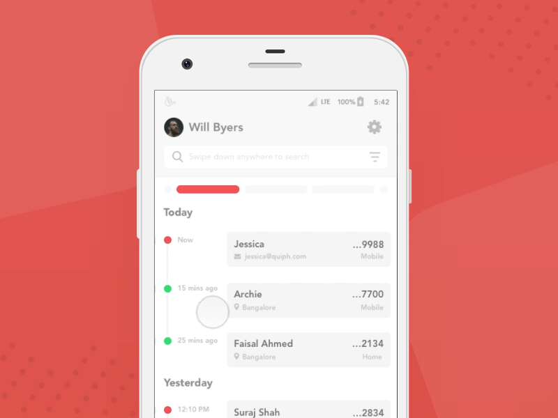 Extended View for Call Logs tabs contacts timeline extended snap qtalk dialer call log calls ux ui app