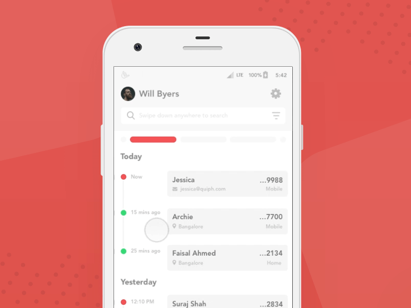 Extended View for Call Logs app call log calls contacts dialer extended qtalk snap tabs timeline ui ux