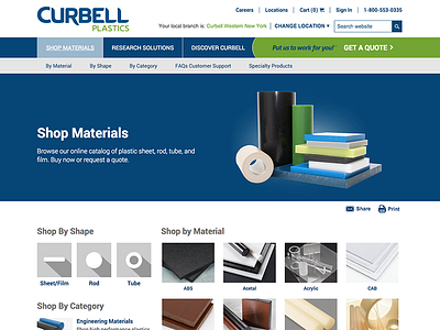 Curbell Plastics Shop Materials b2b ecom plastic shop website