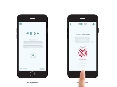 Pulse: A Heart Rate Monitor for Medical Professionals app bpm branding clean coursera finger fingerprint healthcare heart medical minimal monitor patient pulse rate scan search simple ui ux