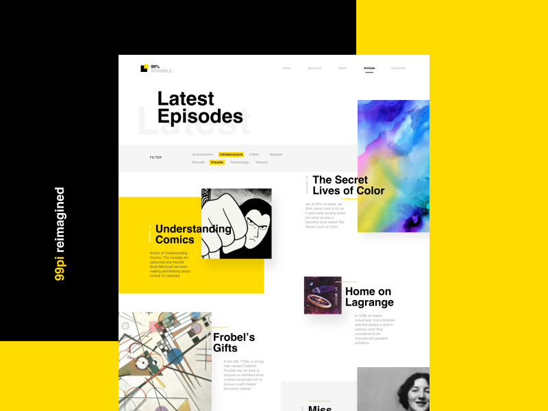 99pi Episodes categories redesign website listing podcast 99pi modern trendy overlapping webdesign branding layout simple design clean minimal challenge ui