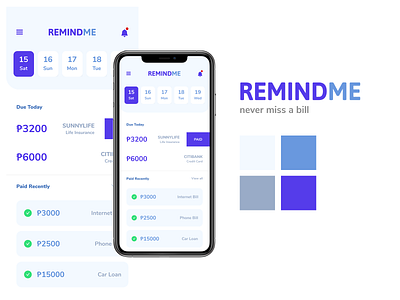 REMINDME - Biller reminder app app bill blue branding clean design figma finance flat minimal remind reminder simple simple clean interface ui