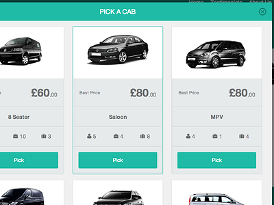 Pick a Cab - Modal Window booking cab in browser modal price selection taxi web app