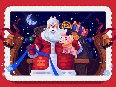 New Year 2019 Illustration christmas ded moroz holiday illustration moon pig present santa santa claus xmas