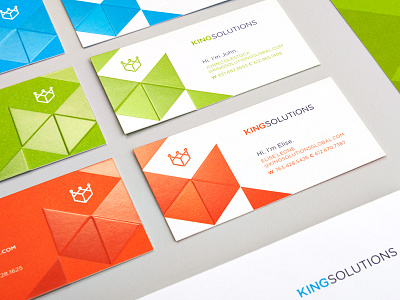 King Solutions Rebrand blue business cards envelope green identity king letterhead orange print rebrand stationery