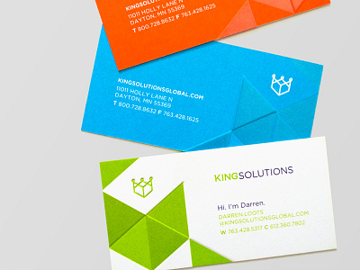 King Solutions / Business Cards blue business card deboss emboss foil stamp green king orange triangle uncoated