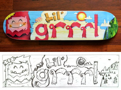 Lil' Grrrl Skateboard - Printed clouds grrrl monster sasquatch skateboard sun trees