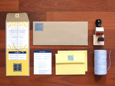 Wedding Invite - Overall blue floral invitation monogram stamp twine vintage wedding yellow
