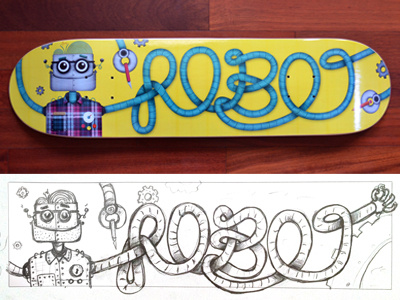 Robot Skateboard - Printed blue eyes flannel glasses hair illustration plaid robot skateboard wires yellow