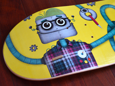 Robot Skateboard - Printed 1 (detail pics) blue eyes flannel glasses hair illustration plaid robot skateboard wires yellow