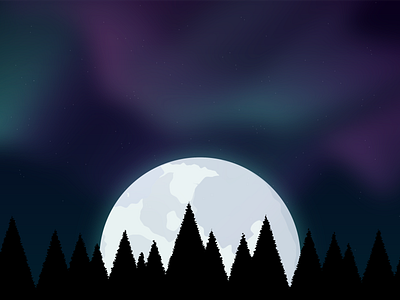 Northern Lights blue green illustration moon night pink sky trees vector