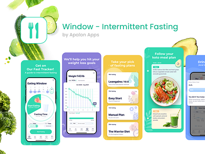 ASO for Window fasting tracker advertising app aso design fasting food graphic design illustration logo marketing screenshots tracker typography ui ux vector