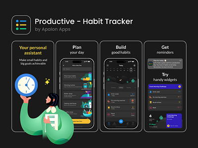 ASO for Productive Habit Tracker advertising app app store aso branding design google play graphic design habit illustration logo marketing screenshots tracker typography ui vector