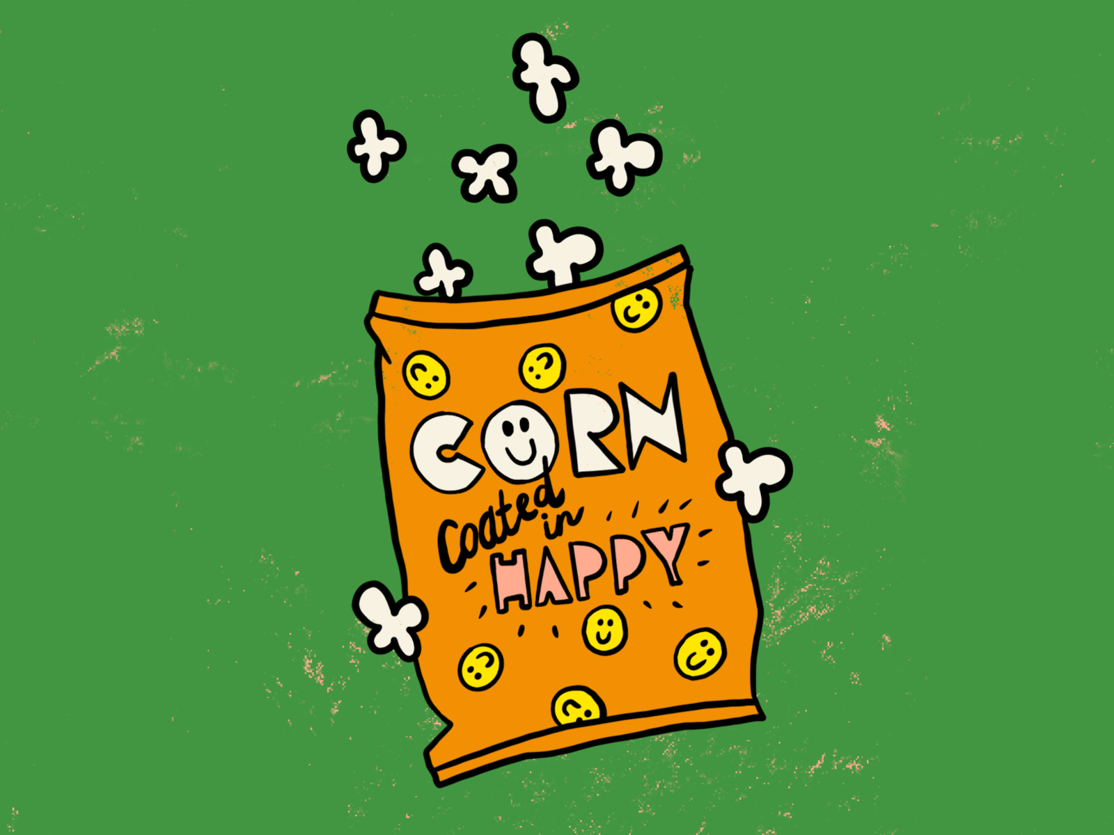 Corn Coated in Happy 2d 2d animation animation branding design gif good vibes green happy illustration logo mental health mental health awareness popcorn popcorn branding popcorn illustration positive smiley smiley face typography