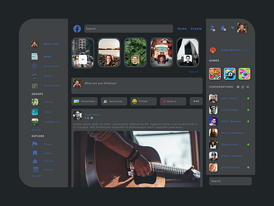 Facebook Redesign Dark mode dark dark mode design facebook layout redesign redesign concept social media ui user experience user interface ux web web design