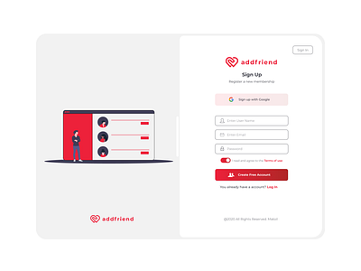 Sign Up - addfriend Social Network account form illustration log in sign up ui ux website