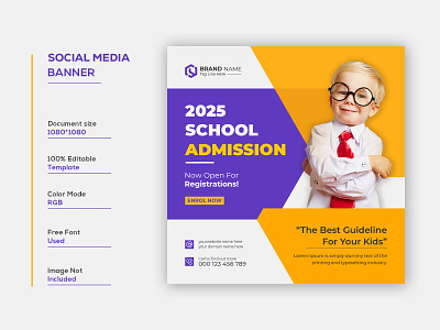 School Admission Social Media Post Template admission ads back to school banner children class college creative education facebook post instagram post kids learning modern preschool primary registration scholarship school web