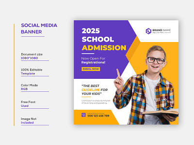 School Admission Social Media Post Template admission ads back to banner children class college creative education instagram template kids learning modern preschool school social media square template