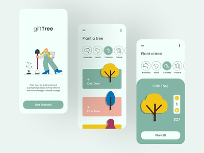 giftTree app design clean clear enviroment illustration interaction mobile tree treeplanting ui ux