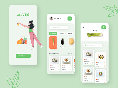 AllVeg app design clean clear finder flat food food app foodie healthy illustration interaction mobile recipe recipe book recipes ui ux vegan vegetable vegeterian