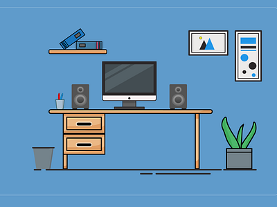 A flat illustration of a workplace