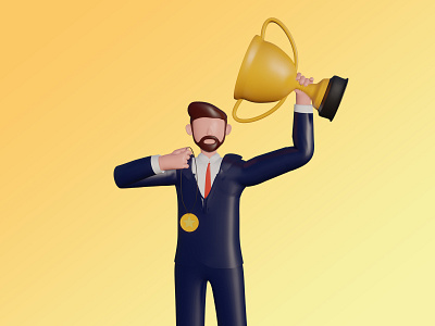 3d male character lifting the winning trophy 3d contest success trophy