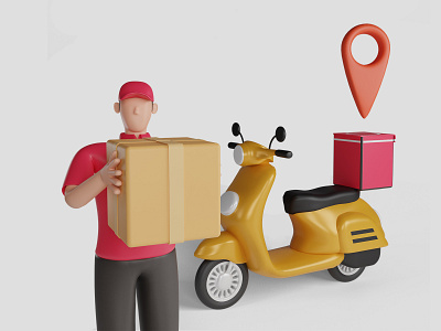 Delivery Man Carrying Box With Vespa Motorcycle 3d 3d illustration box courier delivery express fast logistic man online package parcel people sale service shipment shipping transport