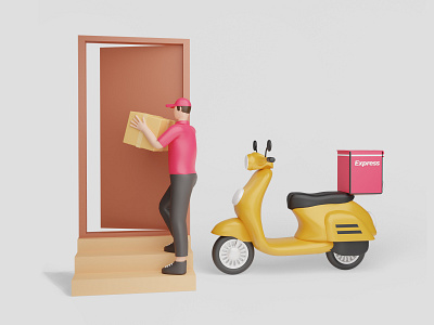 Delivery Man Carrying Box With Vespa Motorcycle people