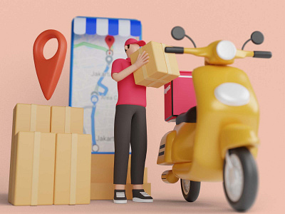 Fast delivery by scooter on mobile 3d 3d character 3d illustrations 3d model 3d rendering appmobile blender branding business character courier delivery illustration parcel rendering service uidesign