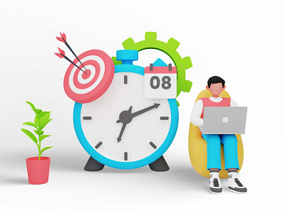 Time Management 3d 3d character 3d illustrations 3d modelling 3d rendering cartoon clock design illustration job laptop management people schedule succes target time watch