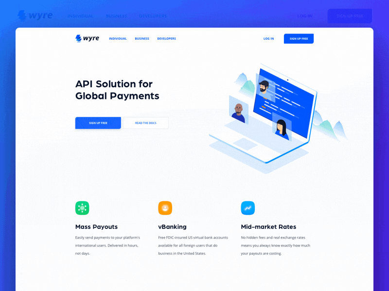 Wyre API Landing Page — API for Global Payments animation api bank banking building business illustration isometric landing page money payment transfer