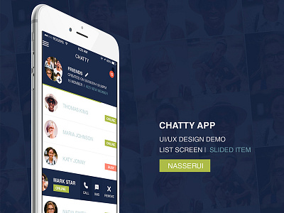 Chatty app mockup app buddies chat dark group list slide ui ux