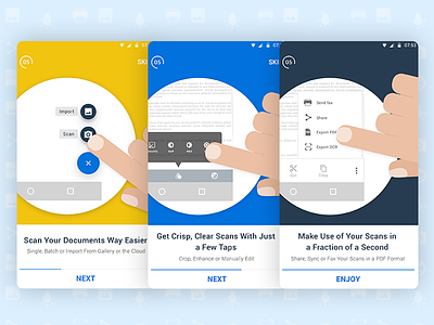 Docufy walkthrough screens android docufy documents flat illustrations material mobile scans ui ux walkthrough