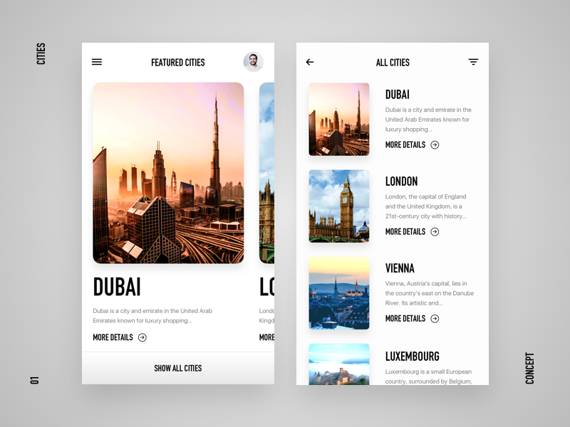 Cities UI Experiment clean mobile app cards featured luxembourg vienna london dubai cities ux ui