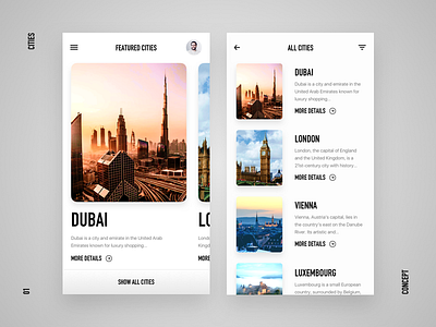 Cities UI Experiment app cards cities clean dubai featured london luxembourg mobile ui ux vienna