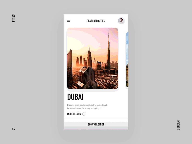 Cities UI Experiment Animation app cards cities clean dubai featured london luxembourg mobile ui ux vienna