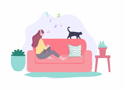 Girl Listening To Music adobexd cat clean concept design digital digitaldesign girl graphic design illustration minimal music vector